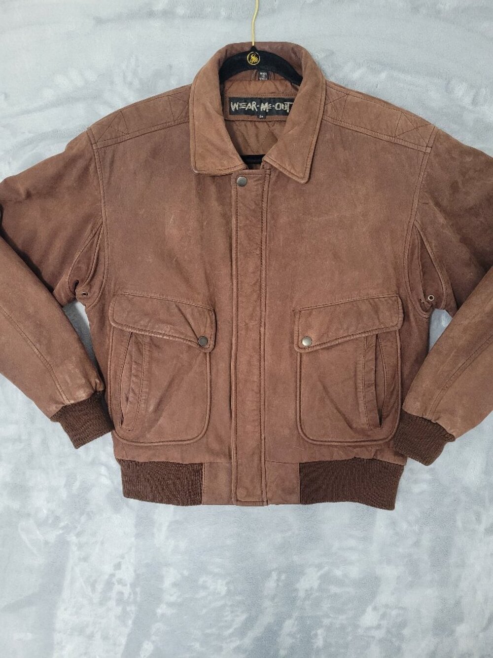 Wear Me Out Vintage Men's Brown Leather Heavy Bomber Jacket Size 38 Full Zip